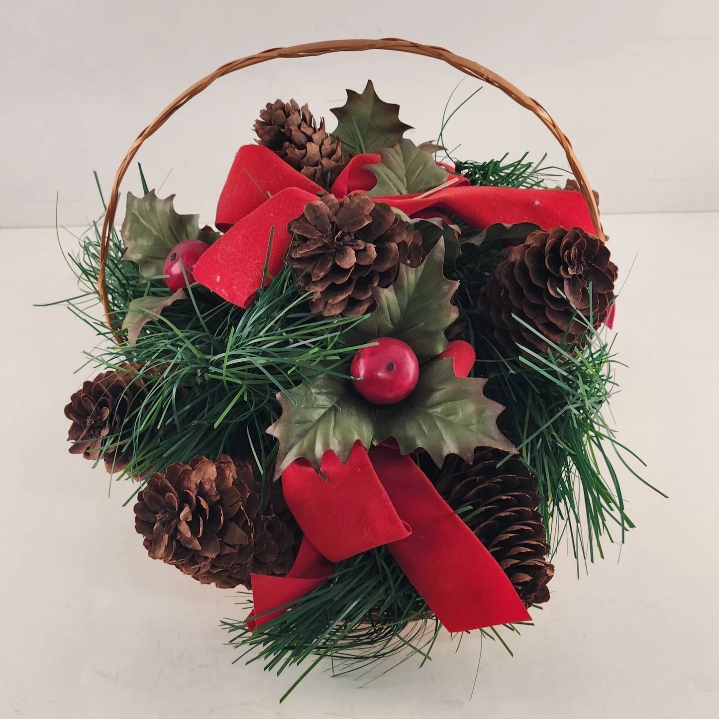 Christmas Basket Wicker Centerpiece Pinecones Holly Berries Greenery 8" China