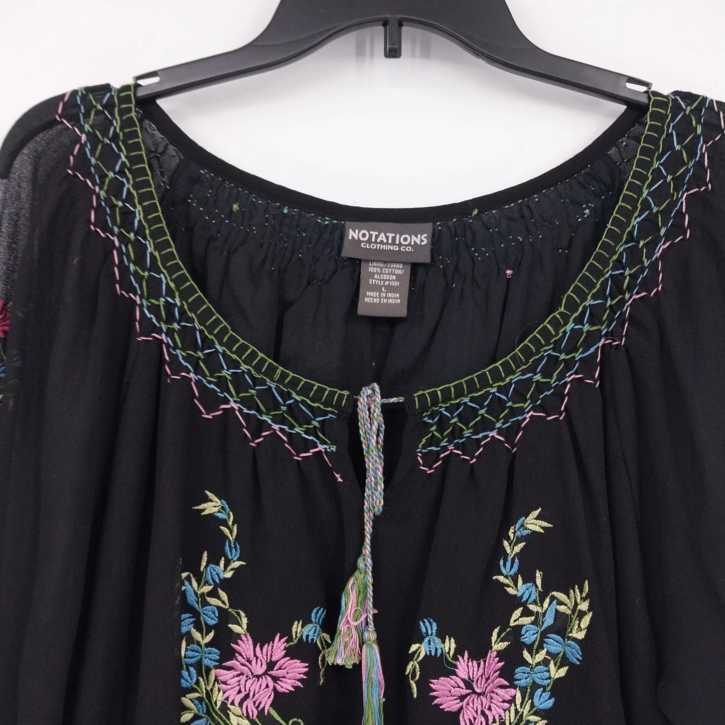 Notations Women's Embroidered Floral Peasant Blouse Tassel Long Sleeve Large