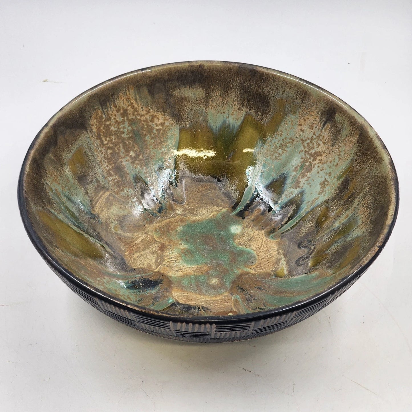 Ochre Green Glazed Pottery Bowl Basket Weave Outer Design Ceramic Lusterware 12"
