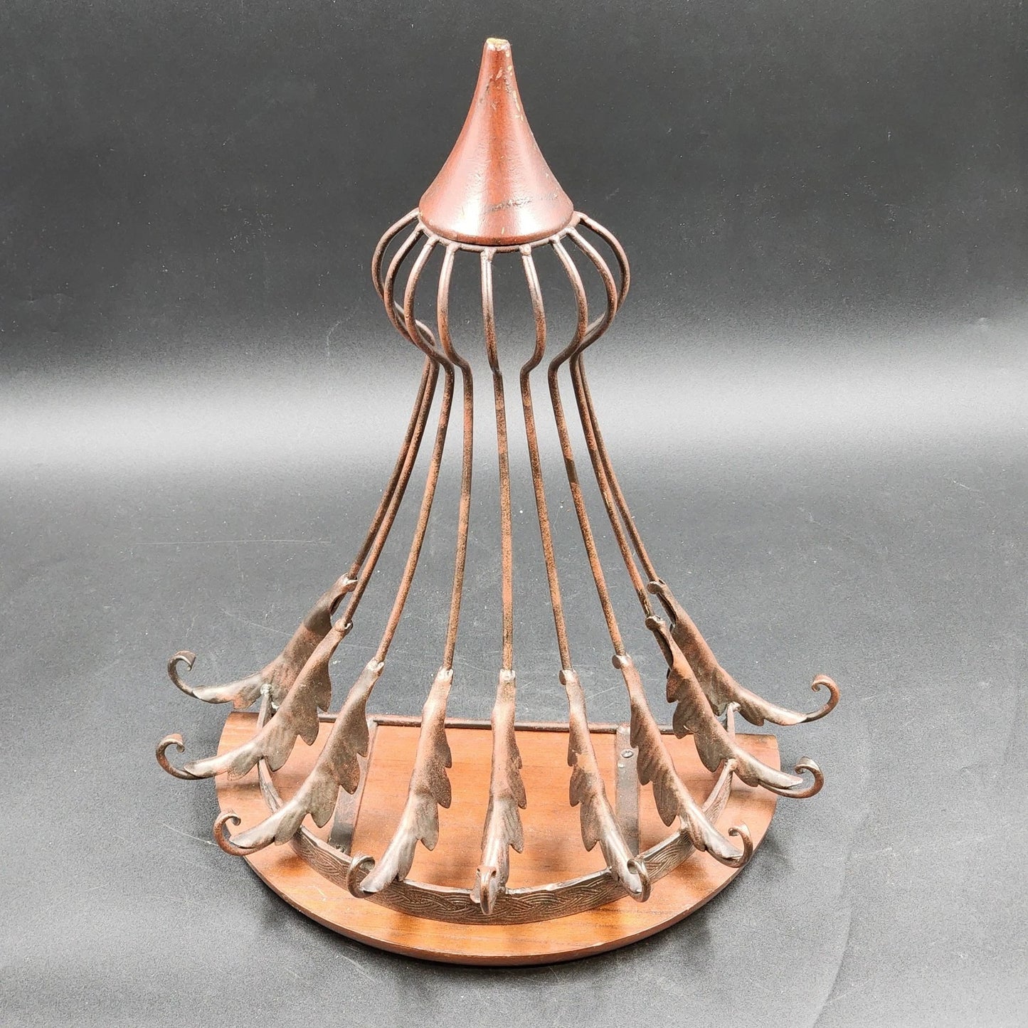 Half-Round Floating Wall Shelf Dark Wood Top Ornamental Metal Support 16.5"