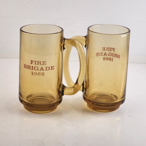 2 Amber Glass Mugs w Handles 12 oz Fire Brigade 1968 Dayton Tire & Rubber Co