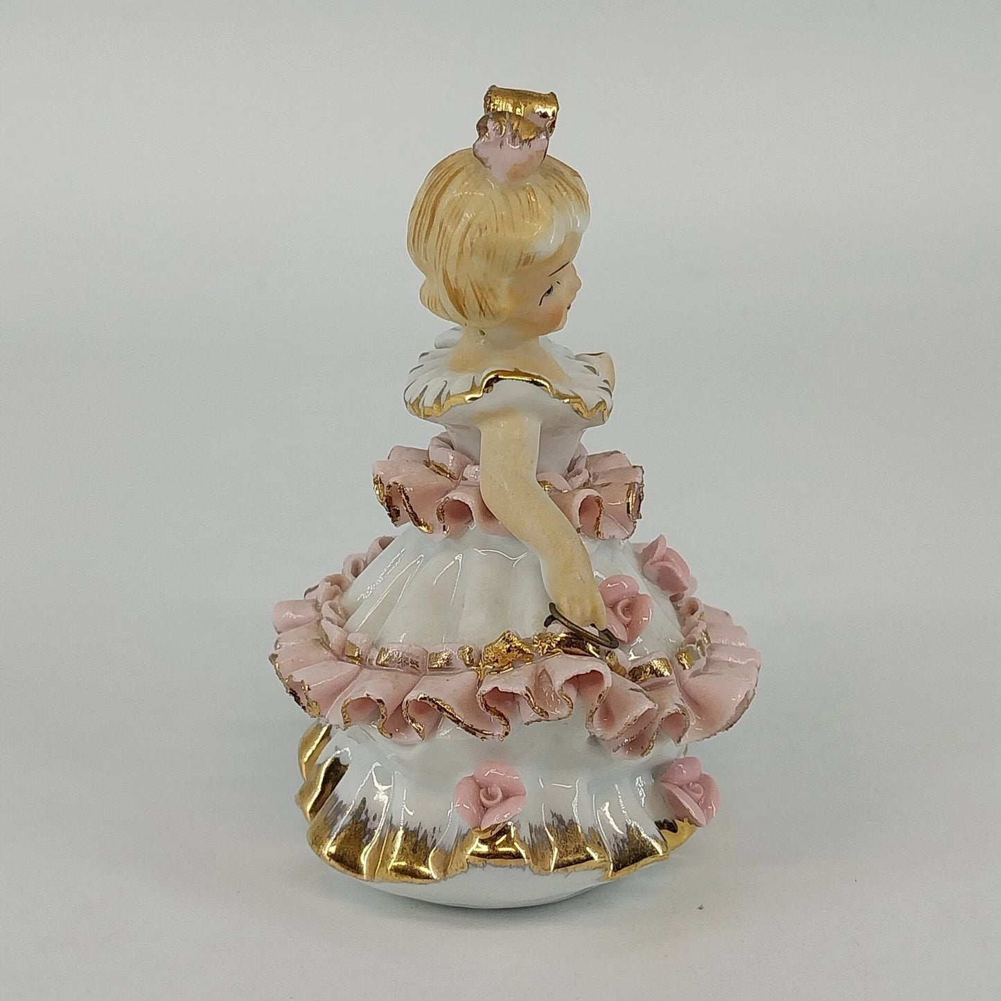 Bloomer Girl Porcelain Figurine Japan White Pink Ruffle Dress with Parasol Top