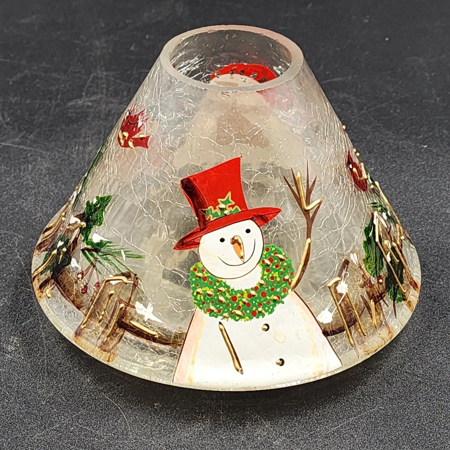Yankee Candle Large Jar Shade Clear Crackle Glass Snowmen Cardinal Gold Trim