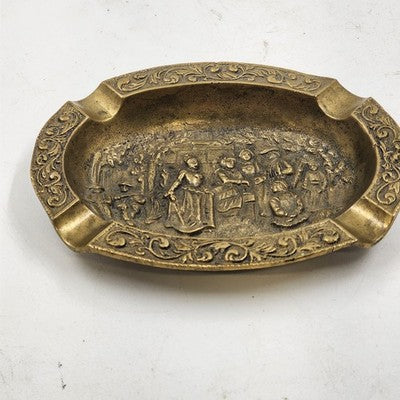 Bronze Brass Ashtray 5.5" Relief Solid Etched Casting Figures Ornate Oval Shape