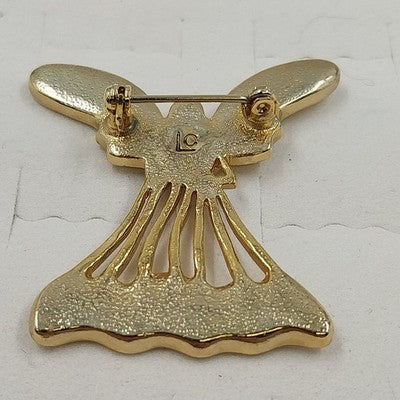 Gold Tone Open Work White Enamel Angel with Rhinestones Brooch Lapel Pin 1.5"