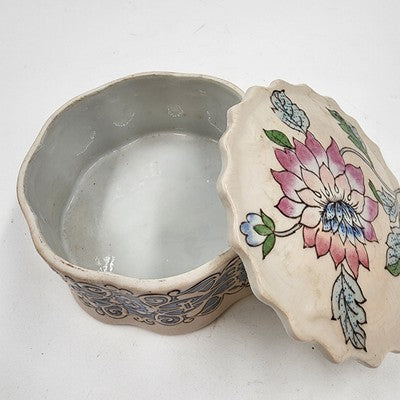 Embossed Ceramic Round Box w/ Lid Macau Pink Blue Floral Design 5"x2"