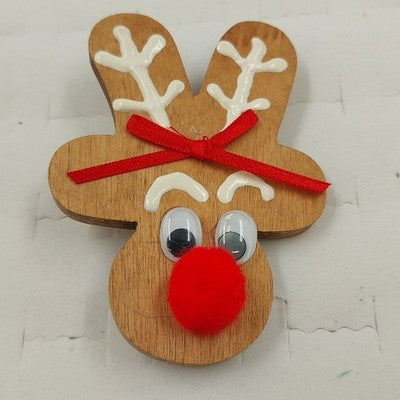 Handmade Wooden Reindeer Brooch Pin with Orange Nose Holiday Christmas Accessory