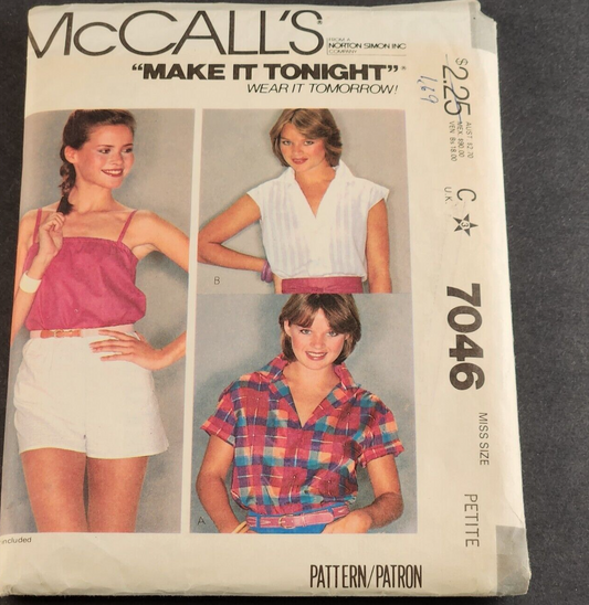 McCall's 7046 Vintage Sewing Pattern 1980 Misses Shirt and Camisole Size Petite
