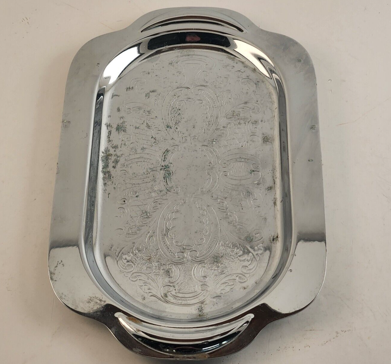 Vintage Silver Plated Engraved Serving Tray with Handles 10"x6"