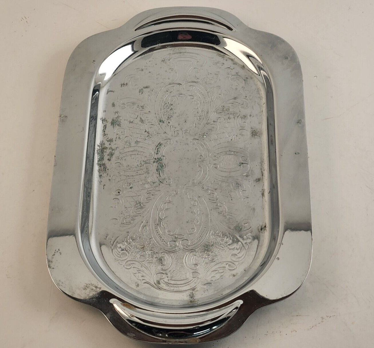 Silver Platted And Engraved Serving Tray With Handles Vintage 10" L x 6" W