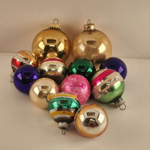 12 Glass Blown Christmas Ornaments Vintage Bell Ball Shaped Striped Solid Varies