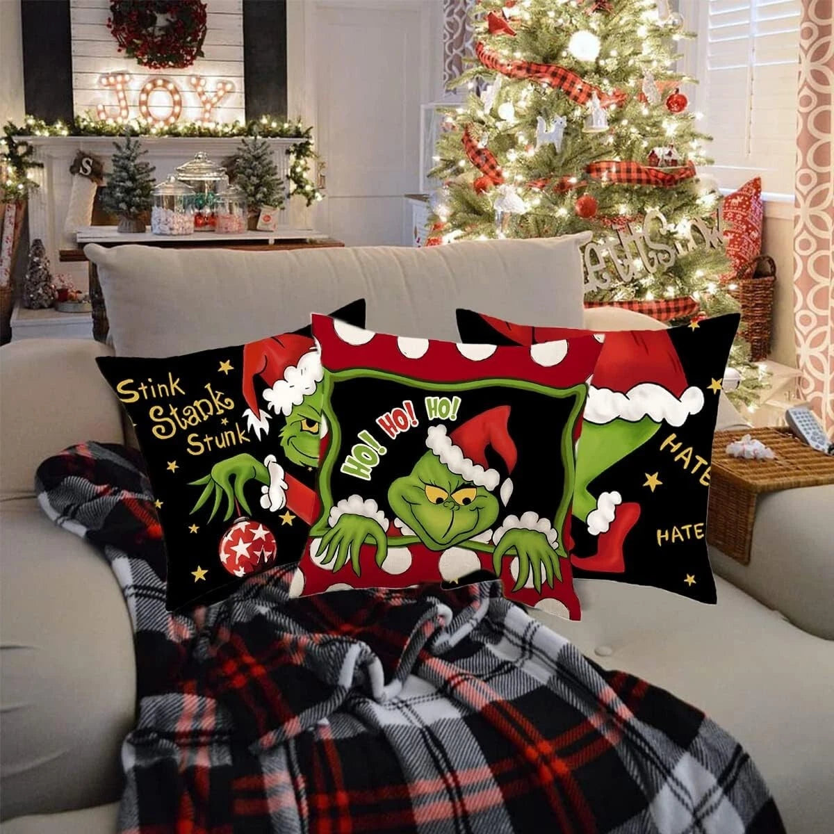 4 Throw Pillow Covers Grinch Christmas 18" Linen Decor Farmhouse Holiday