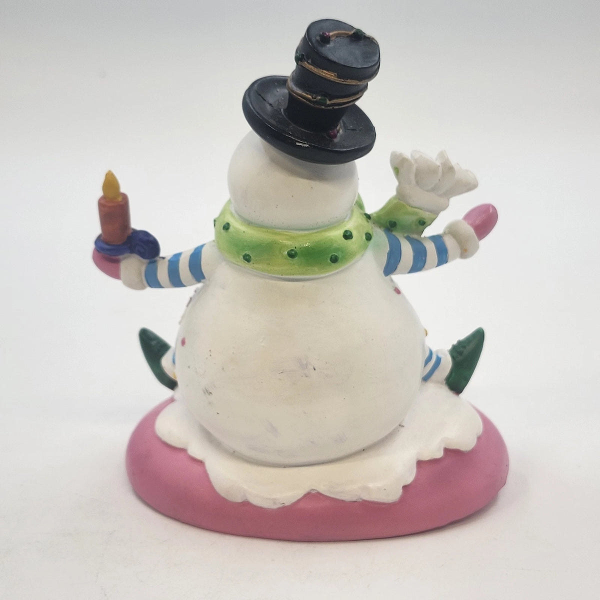 Snowman Stocking Holder Figurine 5.5" Pink Base Candle Scarf Hat Christmas Resin