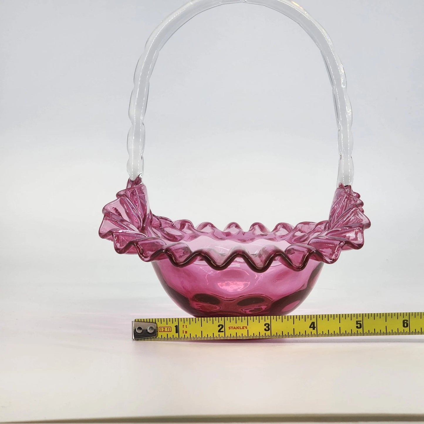 Vintage Fenton Cranberry Glass Basket Coin Dot Ruffled Handle