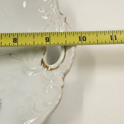 White Porcelain Platter Purple Floral Scalloped Edge Handles 9.5"