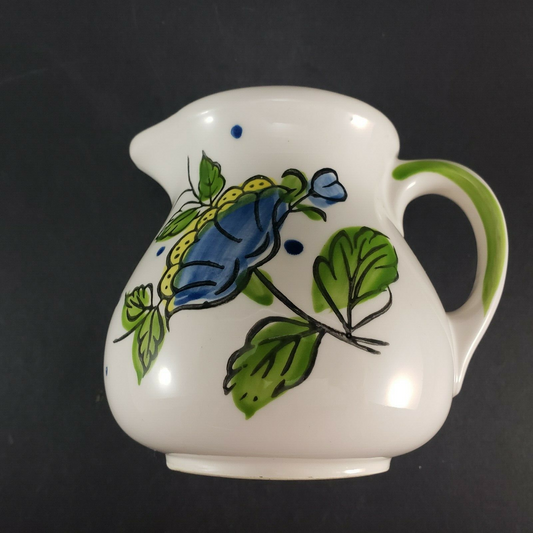 Ceramic Creamer Pitcher Painted Blue Flower Green Leaves Vintage 1977 Japan 4¾"H