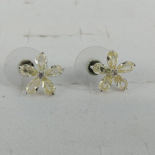 Yellow Flower Stud Earrings Pear Cut Faceted Stones Silver Tone Floral Jewelry