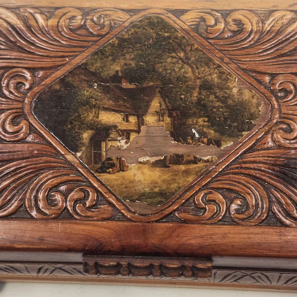 Jewelry Trinket Box 11" Carved Cedar Natural Wood Cottage Scene Footed Vintage