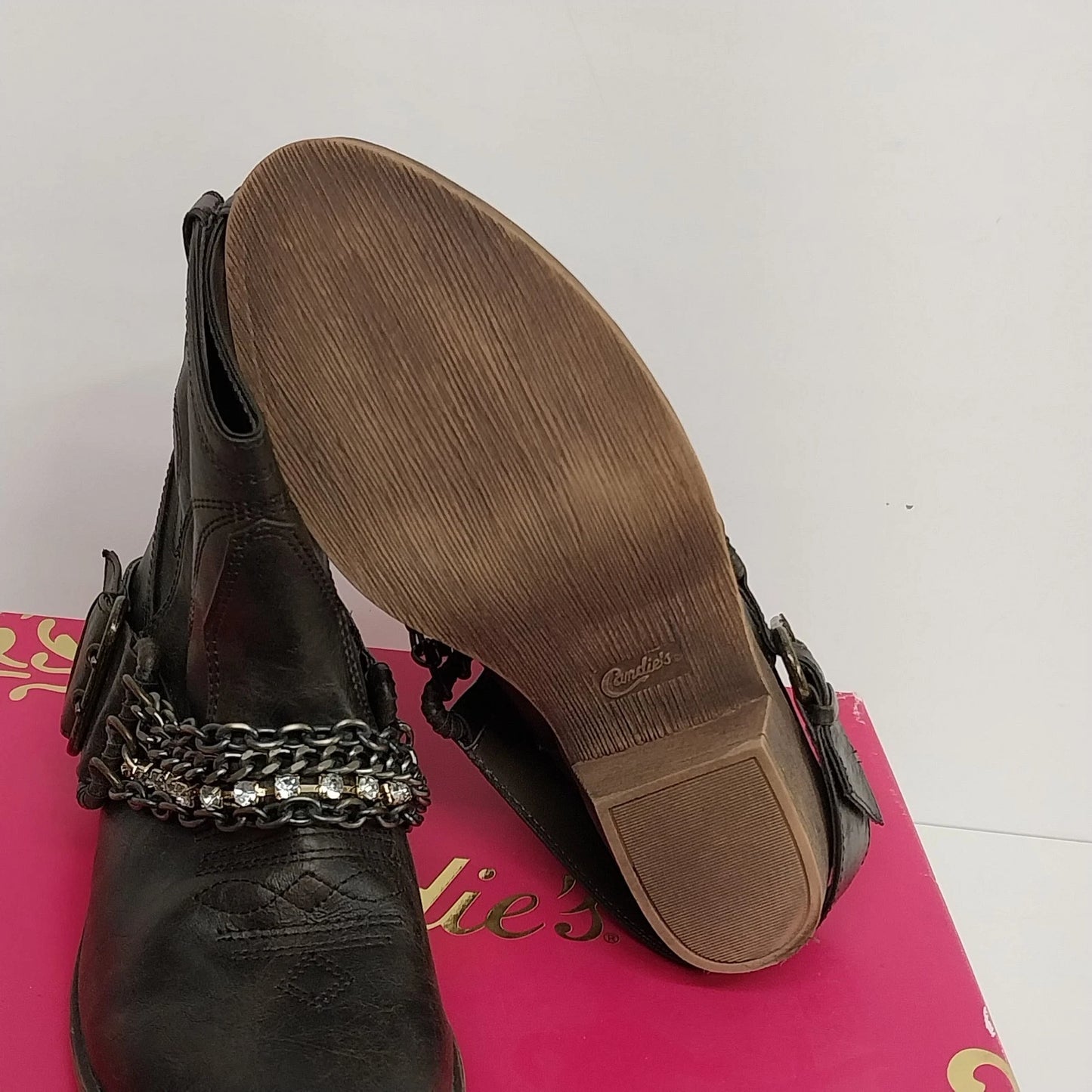 Candies Pasko Brown Ankle Booties Womens 8.5 Chain Rhinestone