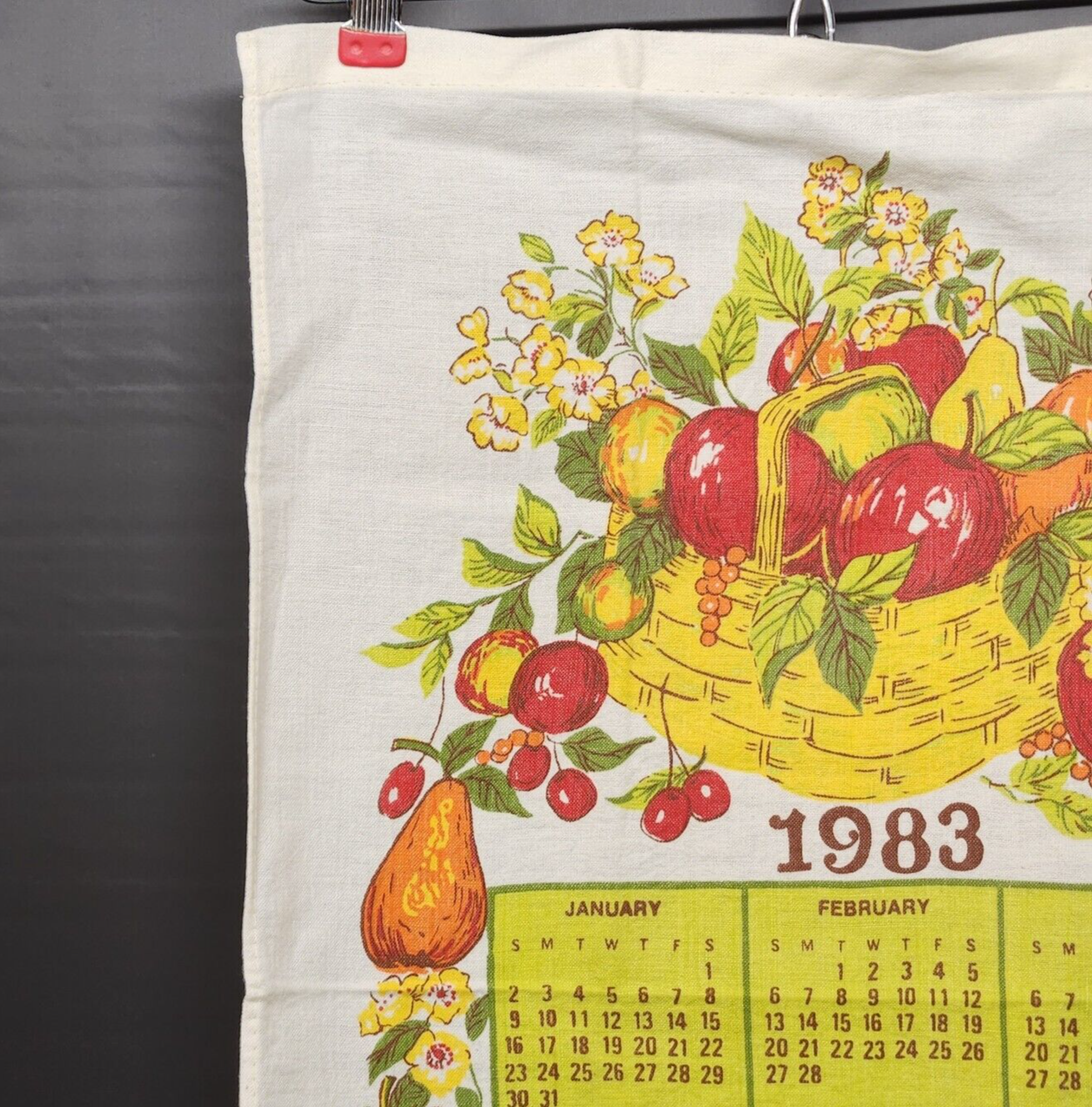 1983 Linen Kitchen Towel Calendar Fruit Basket and Border Vintage 24" L x 16" W