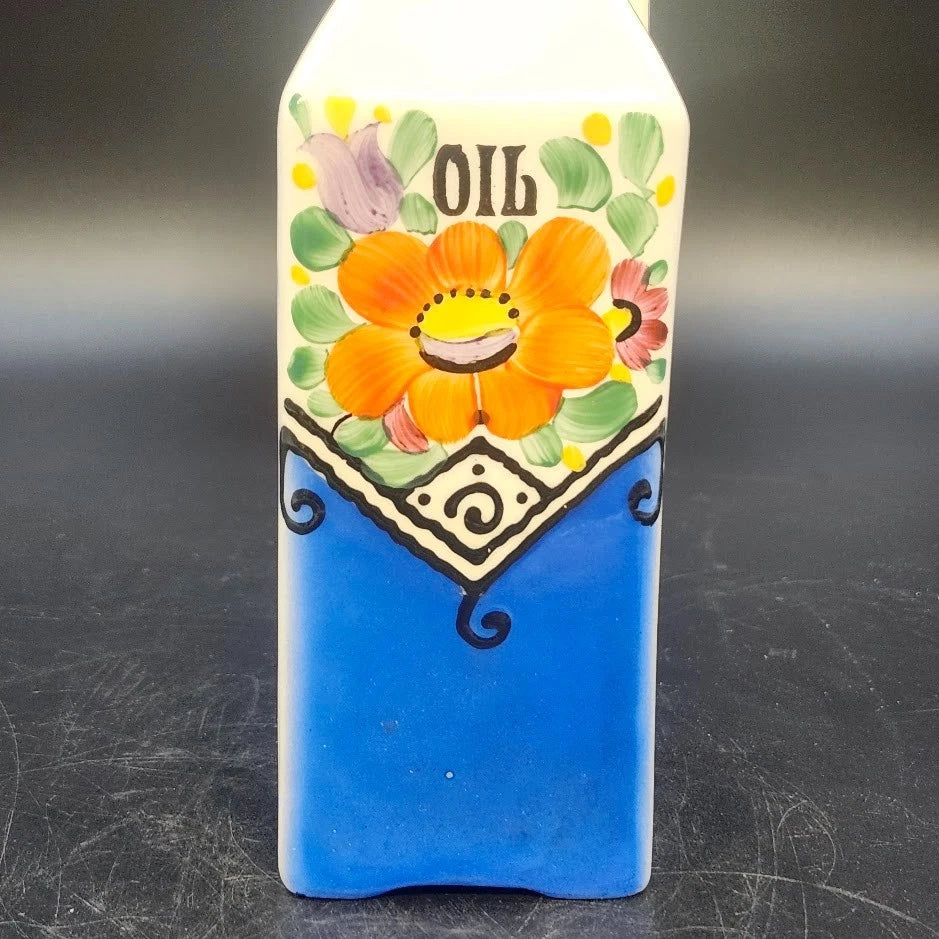 Czechoslovakia Oil Cruet Hand Painted Floral Blue Orange Ceramic with Lid Handle