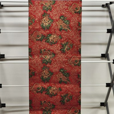Red Table Runner Scrolled Ends White Tassels 70” x 12” Gold Motif Christmas Drum
