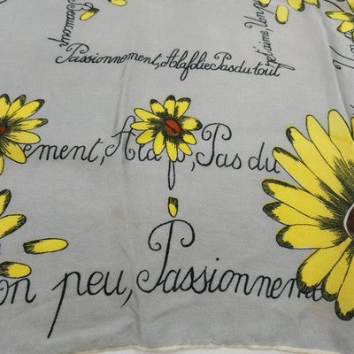 French Daisy Print Silk Scarf 17" Square Grey Yellow Brown Floral Design Vintage