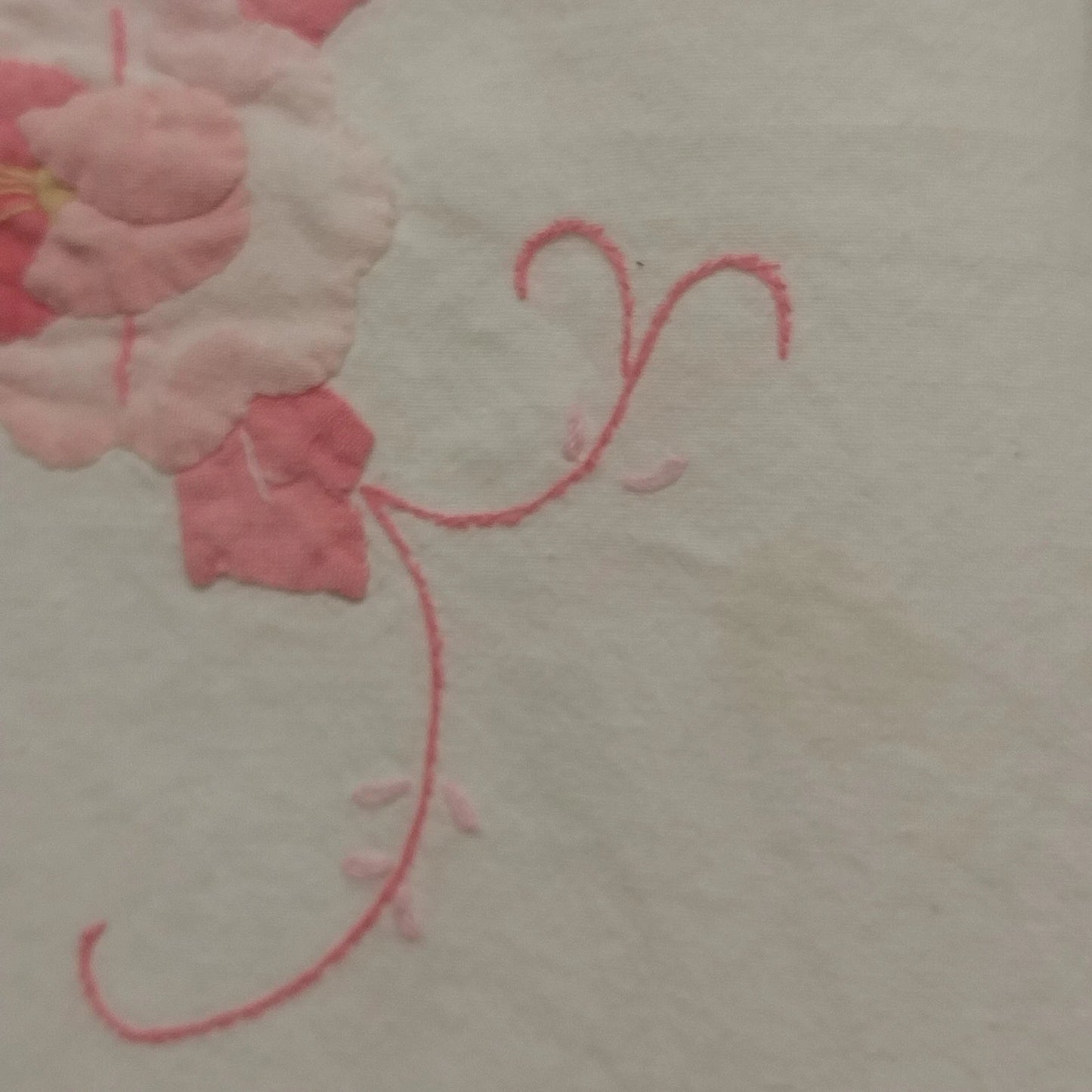 Handmade White Tablecloth Pink Applique Floral Embroidered Hemmed 96x66 Vintage