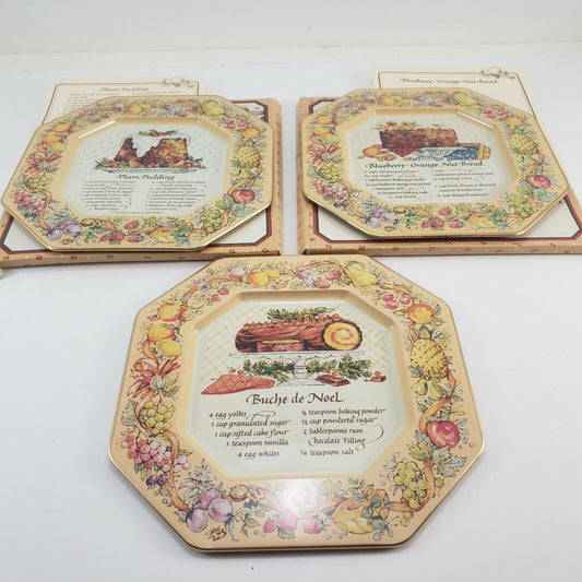 3 Avon Tin Plates Recipes 1982 Blueberry-Orange Bread Plum Pudding Buche de Noel