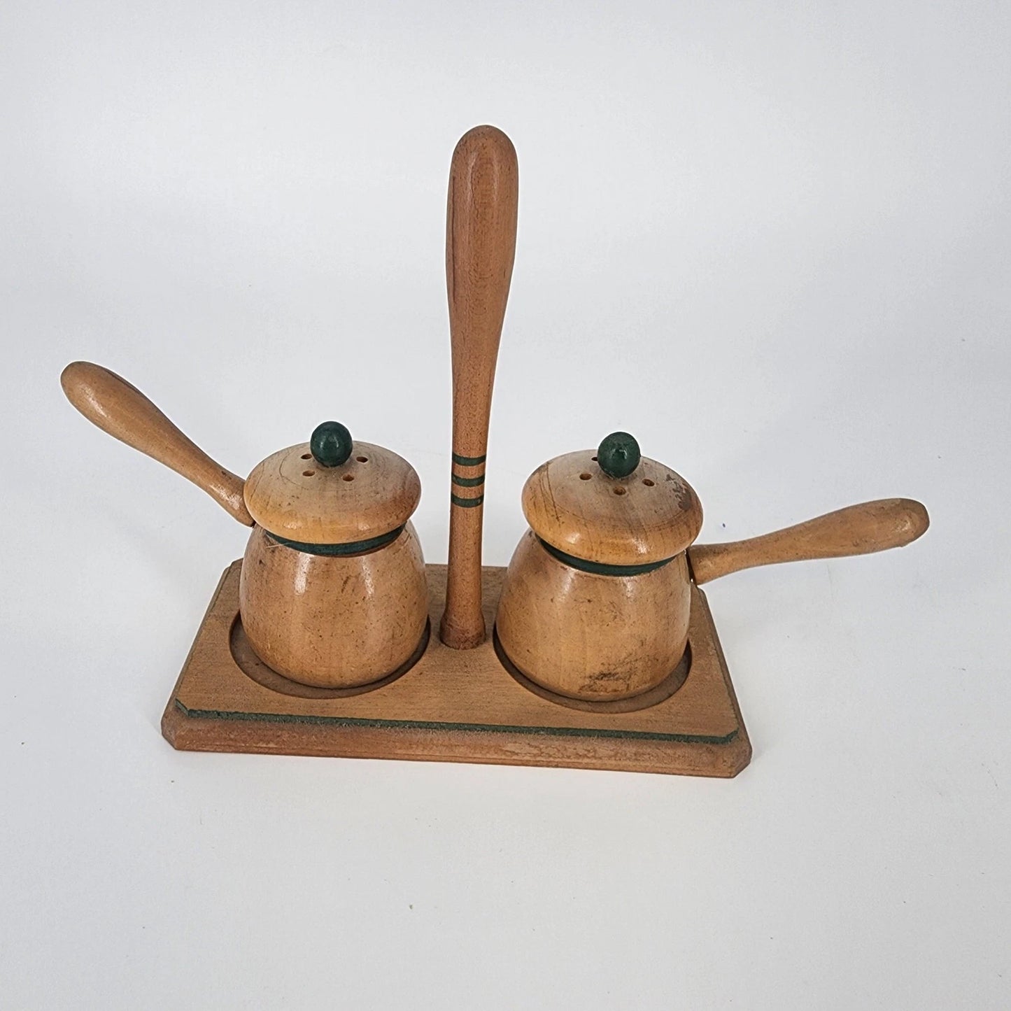3 pc Nasco Wood Salt & Pepper Shakers Set Bean Pot Style with Stand Japan MCM