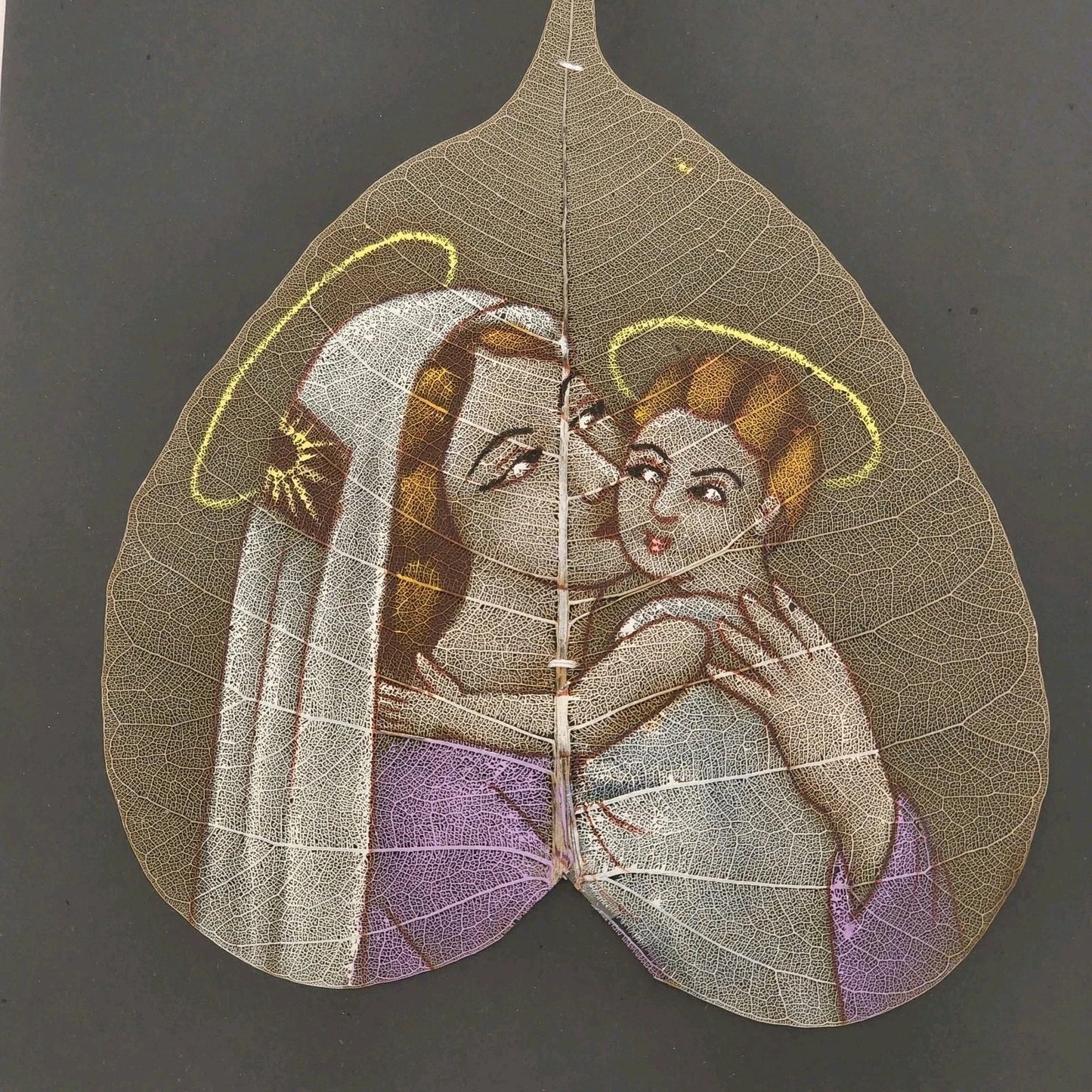 South Indian Peepal Skeleton Leaf Art Madonna & Child Hand Painted 6.5" Unframed