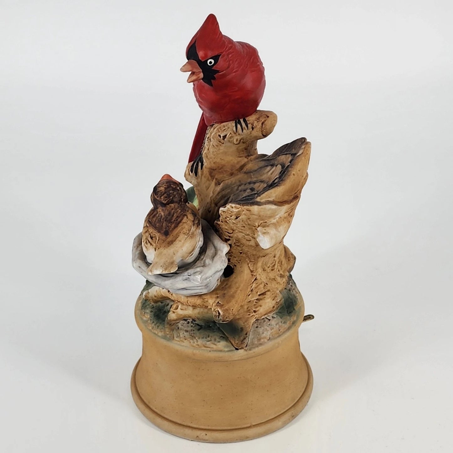 Cardinal & Baby Bird Music Box Figurine Red Bird Family Tree Stump Ceramic 8"