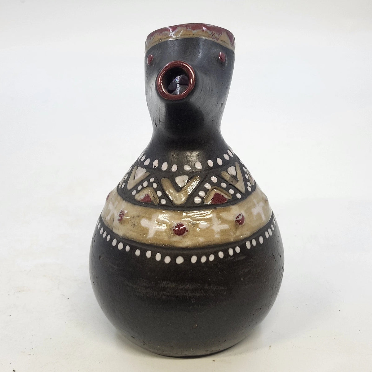 Ukrainian Art Pottery Pitcher Black Red Tan Raised Geometric Elongated Spout Vtg