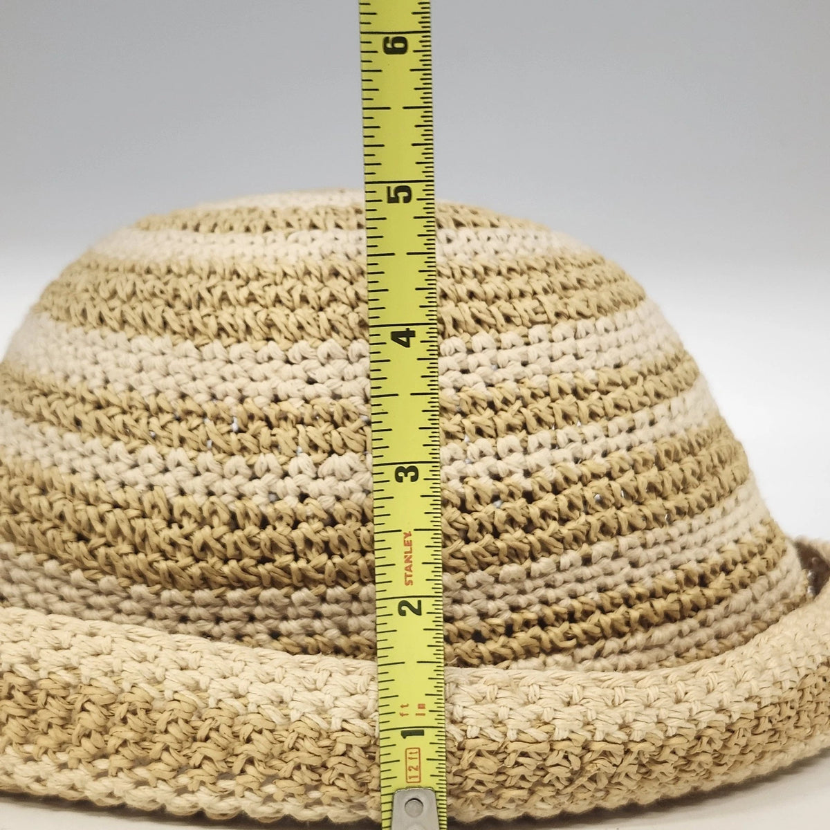 Women's Cloche Sun Hat Rolled Brim Cream Tan Striped Woven Paper Cotton OSFM