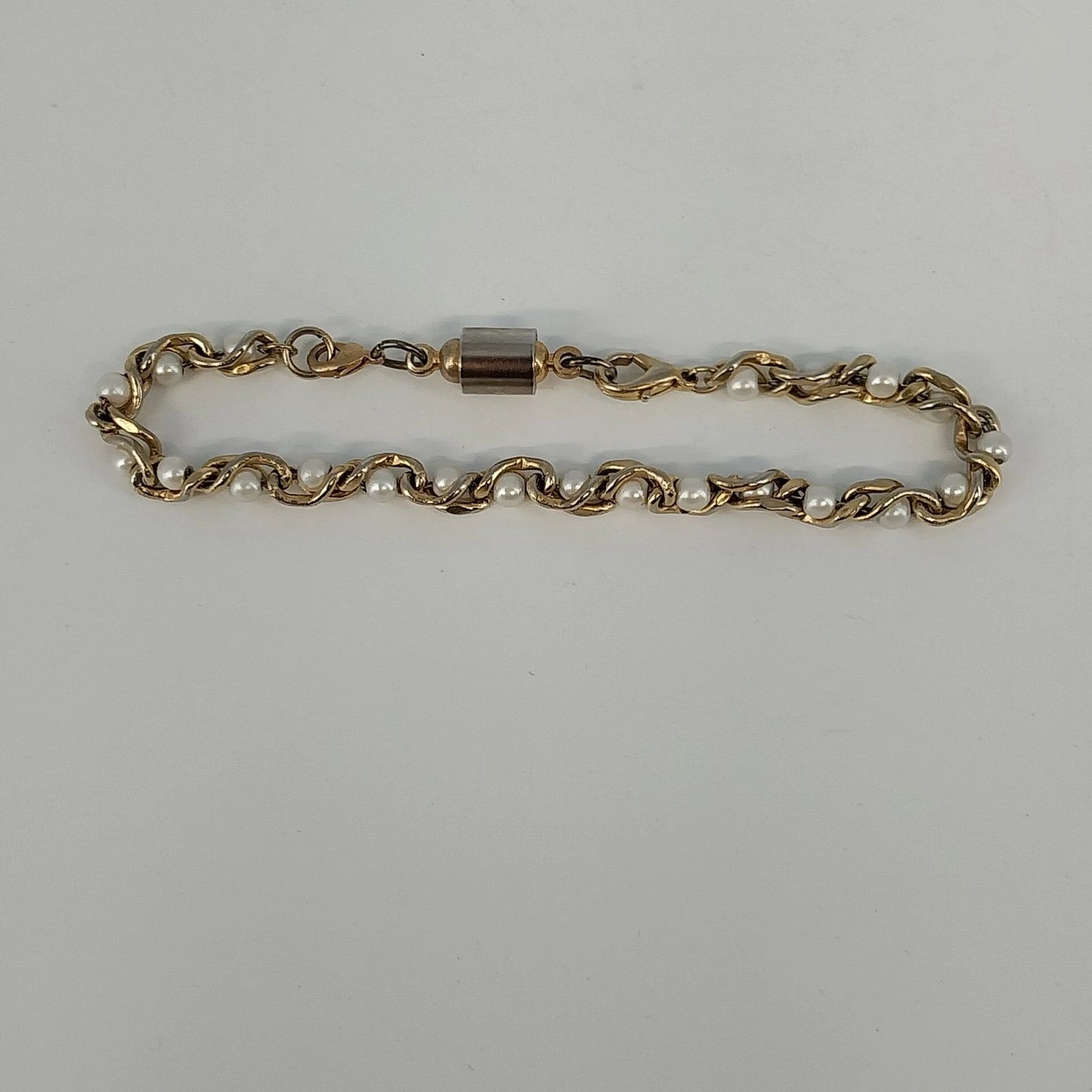 Gold Tone Link Bracelet Faux Pearl Twist Bar Accent Chain 9" Clasp Jewelry Vtg