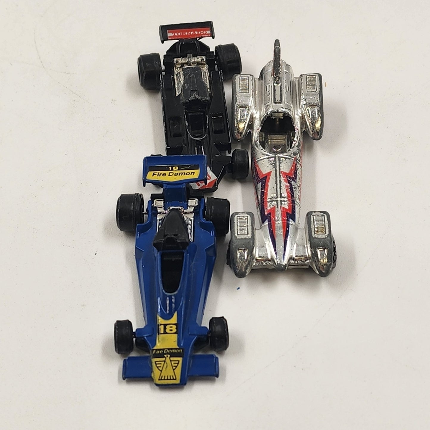 3 Hot Wheels Silver Turbo Tram Blue Fire Demon Black Tornado Diecast Race Cars