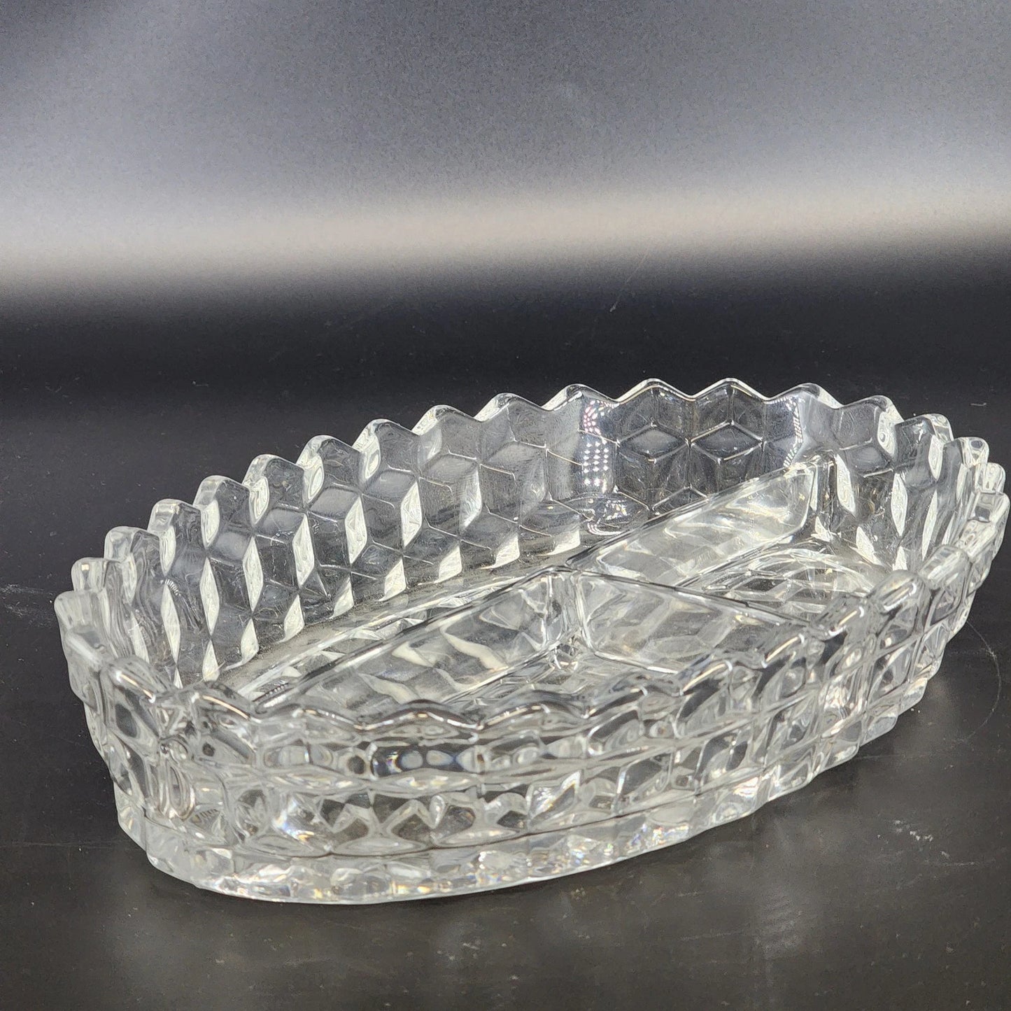 Fostoria American Oval Relish Dish Clear Glass 3-Part Cube Pattern 10.5" Vintage