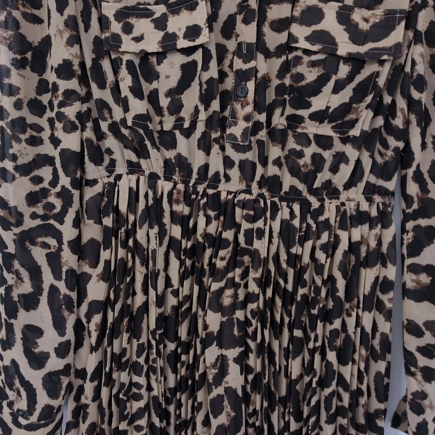 Xtaren Women's Leopard Print Sheer Pleated Mini Shirt Dress Long Sleeve Small
