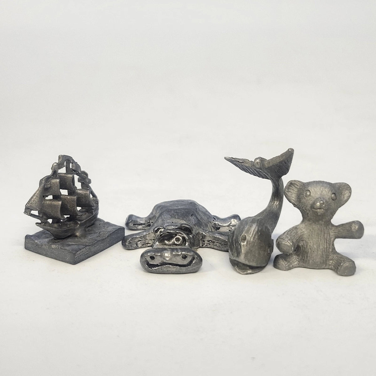 Pewter Figurine Lot 4 Whale Hippo Teddy Bear Sailing Ship Sculpted Animals Vtg