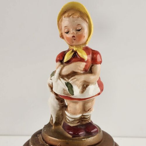 Porcelain Girl Music Box Figurine with Basket and Dog Vintage Music Raindrops