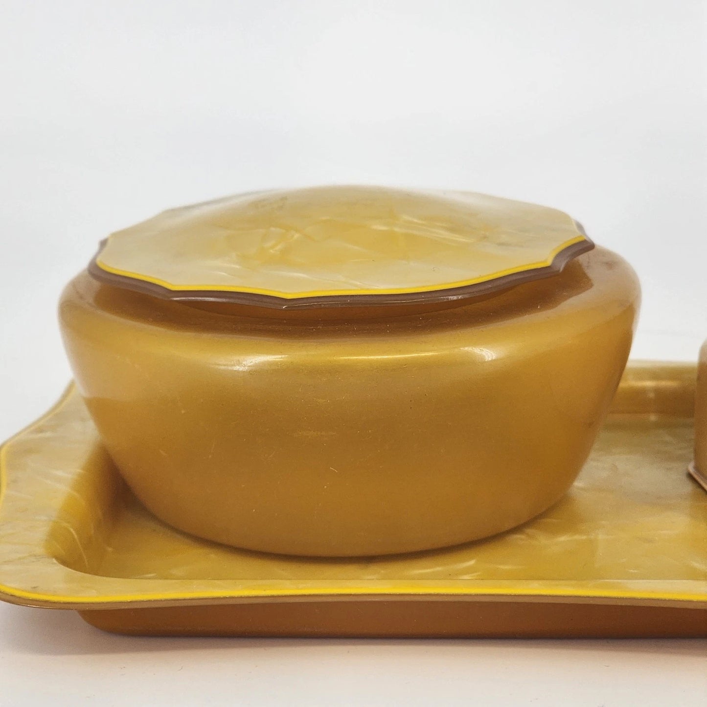 Pyrolene Celluloid 3pc Vanity Set Amber Pearl Marbled Tray & Trinket Boxes 1920s