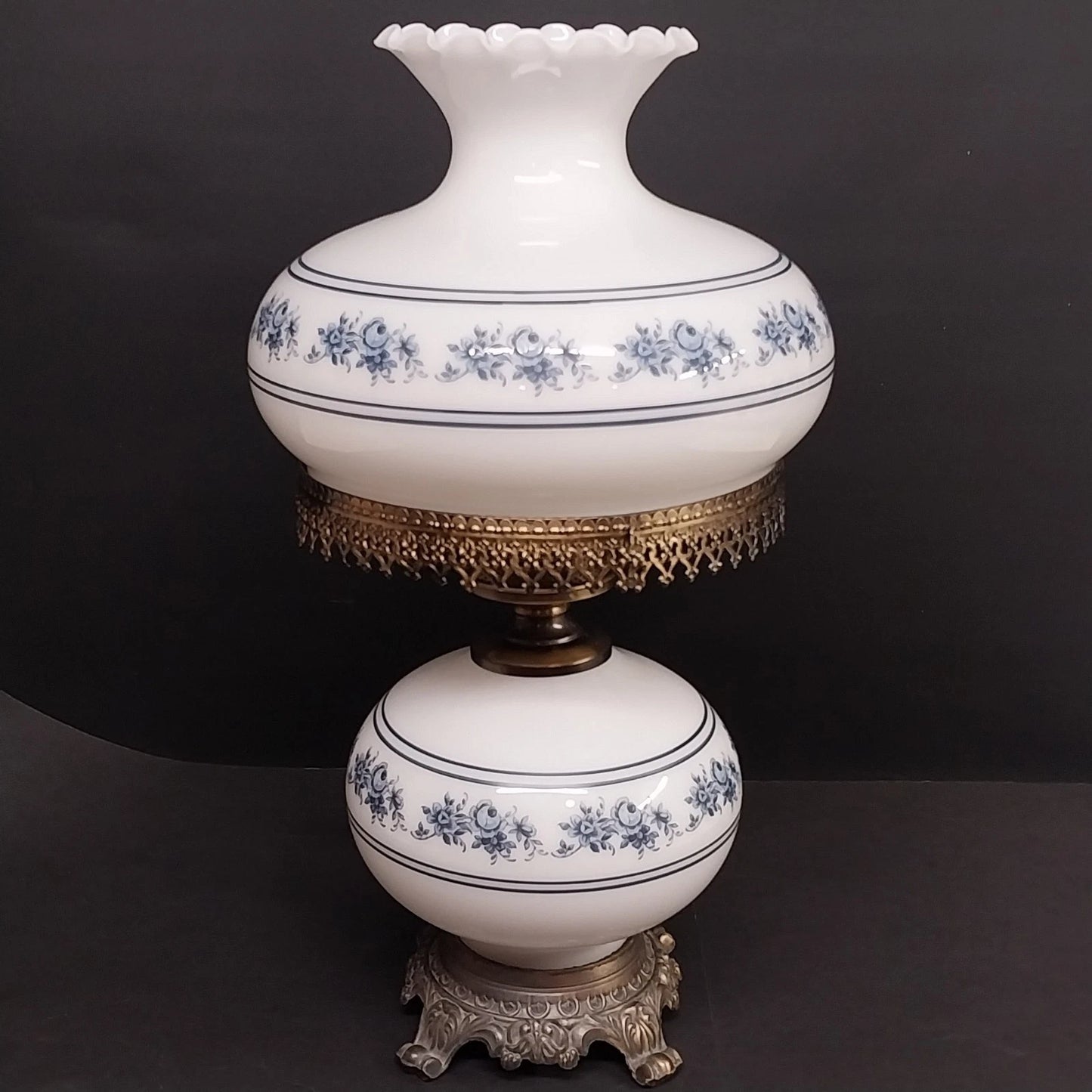 White Blue Floral Milk Glass Hurricane Lamp 22.5" 3-Way Light & Night Light Vtg