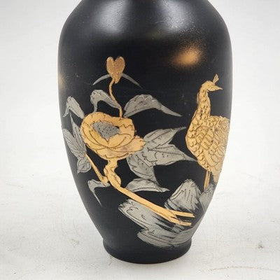 Vintage Kutani Japan Black Porcelain Vase – 8" Hand-Painted with 24K Gold Detailing, White Glazed Interior – Collectible Japanese Art Pottery