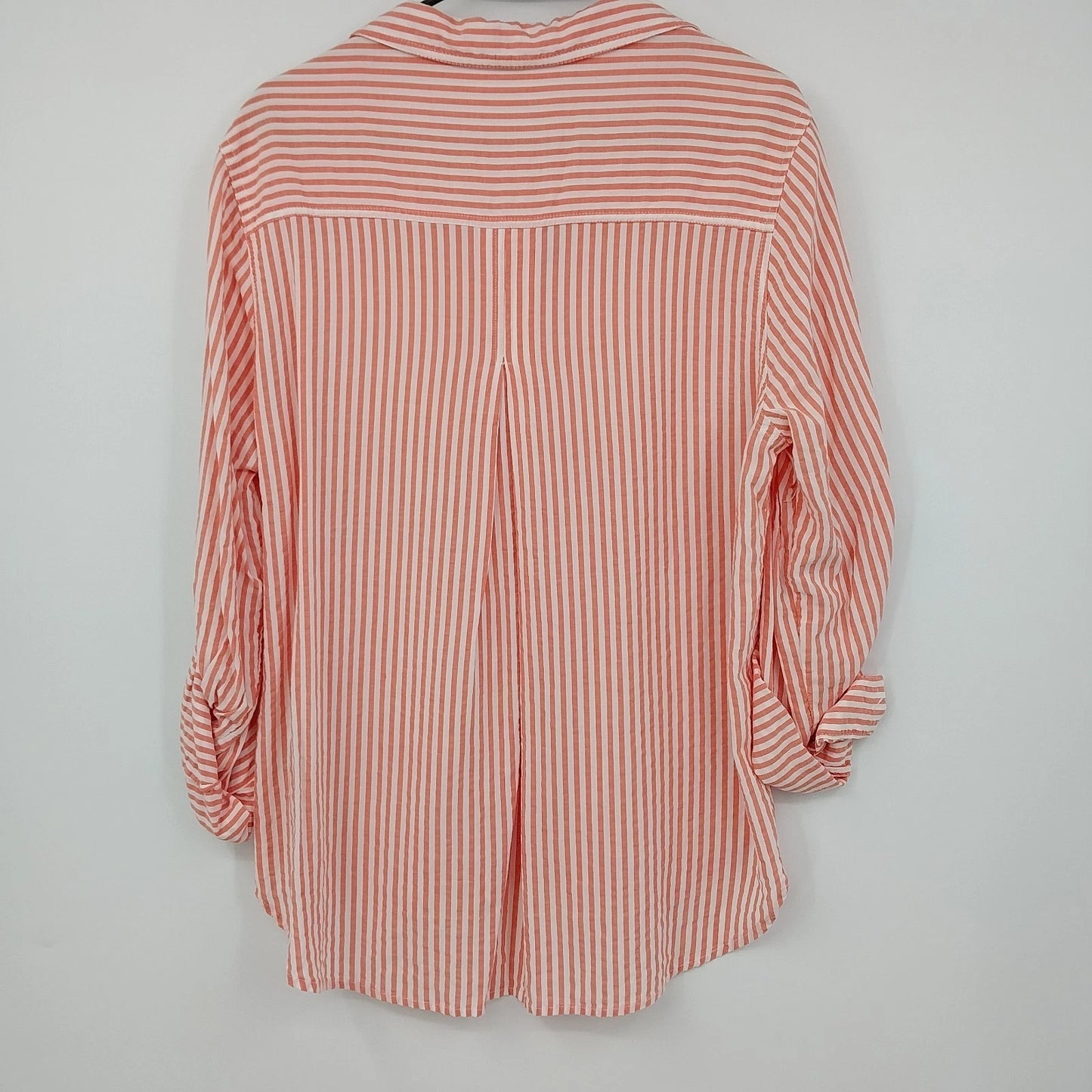 Velvet Heart Women's Peach White Striped Button Down Blouse Roll Tab Sleeve XL