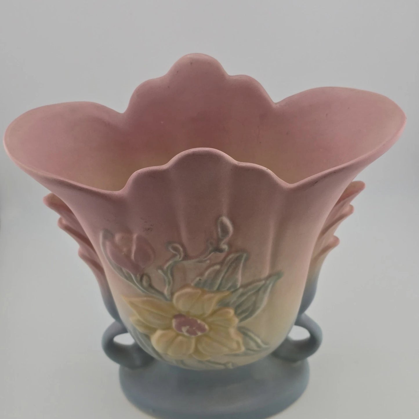 Hull Art Pottery Magnolia Vase 8.5" Pink Blue Matte Winged Handles 1946 USA