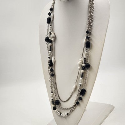 Silver Tone Chains w Black White & Silver Tone Beads Three Strand Necklace 17"