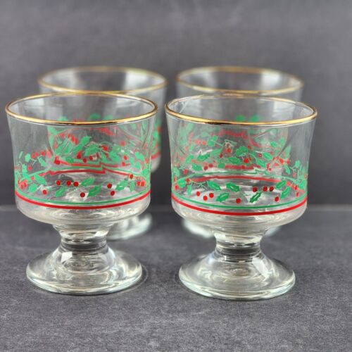 4 Arby's Sherbet Dessert Glasses Christmas Holiday Holly Berry Cups Vintage 4" H