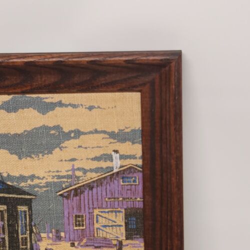 2 Painted Burlap Wall Prints Art Framed Noreaster Fishing Port Heavy into Purple