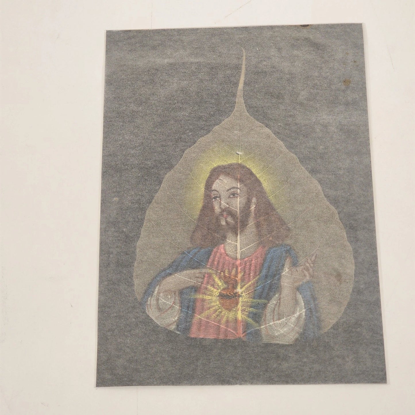 Sacred Heart of Jesus Peepal Leaf Painting Hand Painted Skeleton 6.5" Unframed