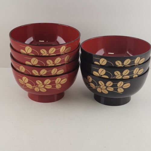 7 Japanese Lacquerware Rice Soup Bowls Black & Red Outer Red Inner Floral 4.5"w